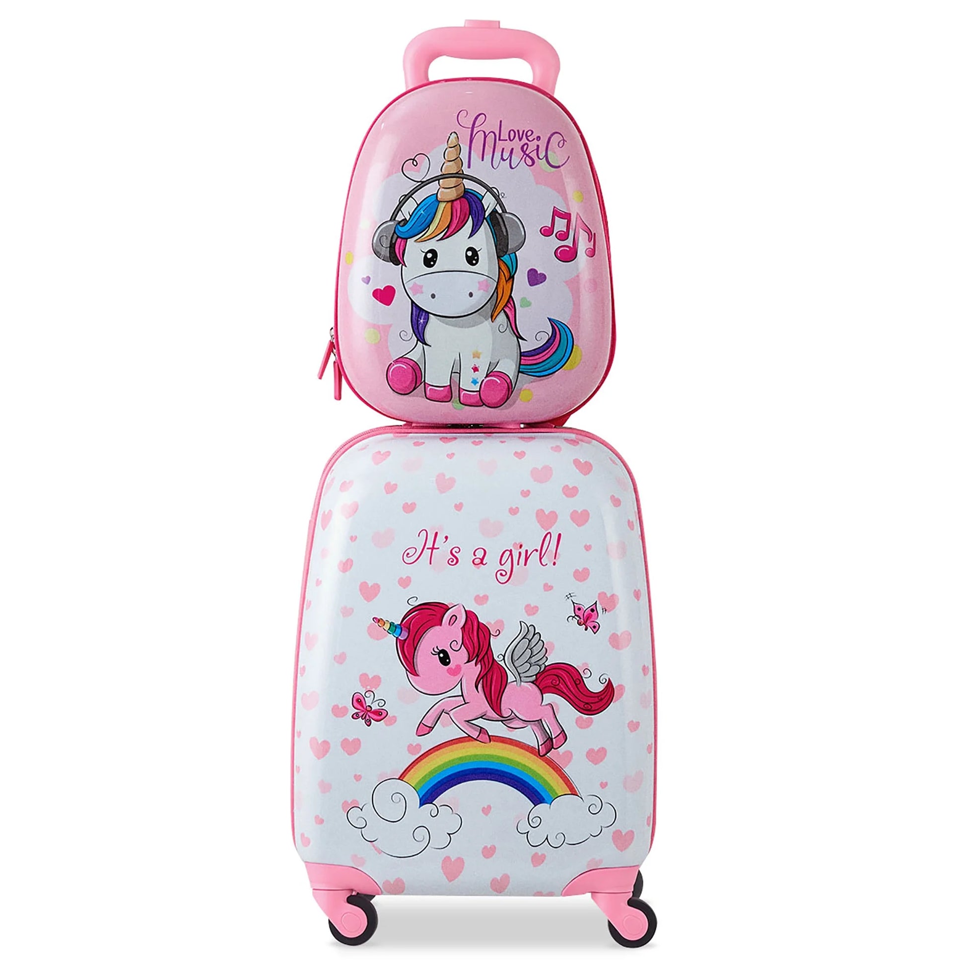 2 Pcs Kids Luggage Set 12” Backpack & 16” Kid Carry on Suitcase for Boys Girls Pink