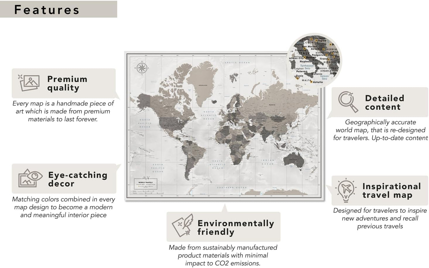 World Travel Wall Map Poster | Push Pin Travel Map Print for Travel Tracking (32 X 24)