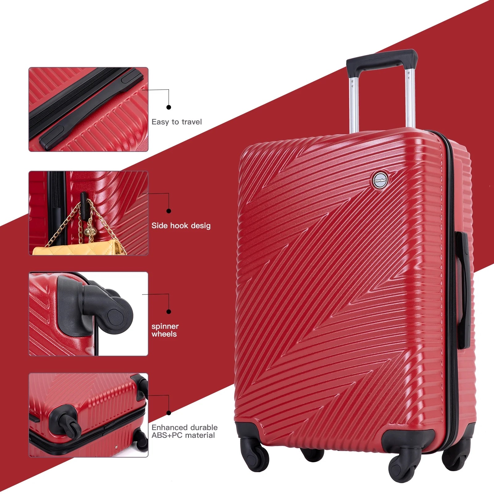 Luggage 3 Piece Set,Suitcase Set with Spinner Wheels Hardside Lightweight Luggage Set 20In24In28In.(Red)