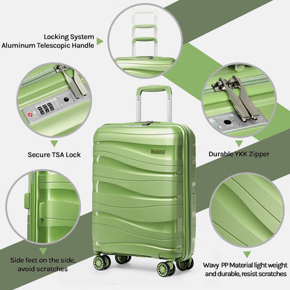 3-Piece Carry-On Luggage Set PP Material Suitcase with Spinner Wheels Hardside TSA Lock(Pearlescent-Green)