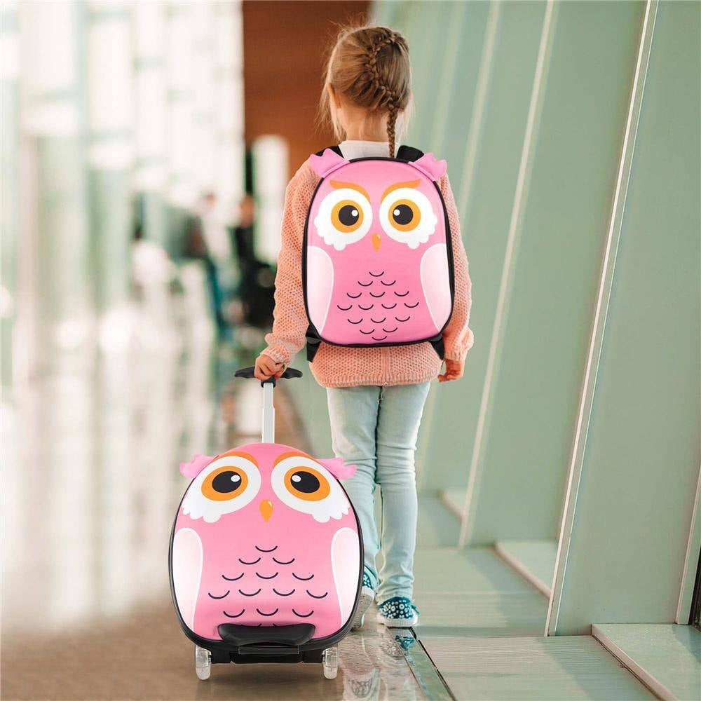 2-PCS Kids Carry on Luggage Set 16 In. Owl Rolling Suitcase with 12 In. Backpack Travel Pink