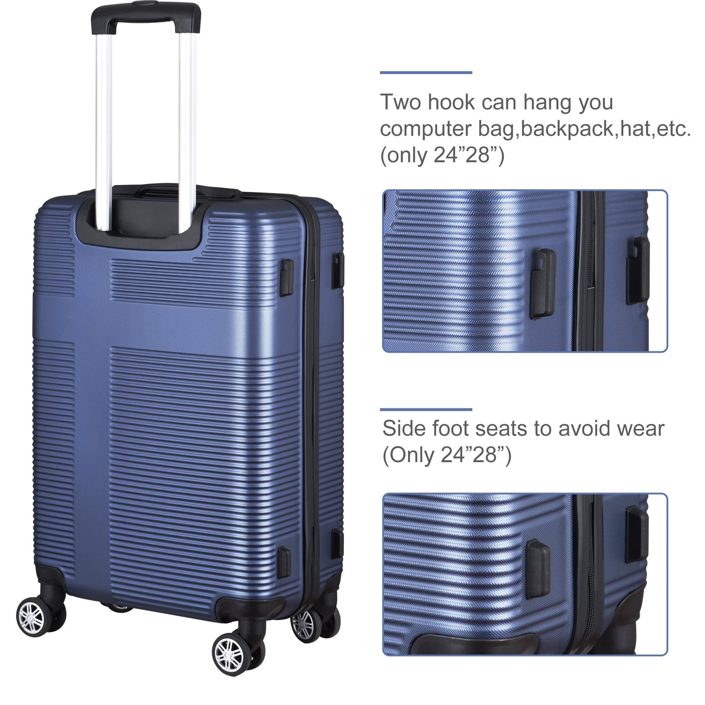 3 Piece Luggage Sets with TSA Lock ABS, Durable Luggage Set, Lightweight Suitcase with Hooks, Spinner Wheels, Cross Stripe Luggage Sets 20In/24In/28In(Dark Blue)