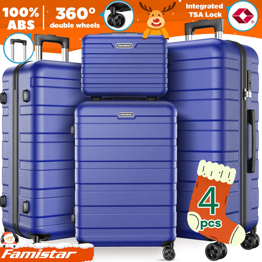 4 PCS Hardshell Luggage Suitcase Set with 360° Double Spinner Wheels Integrated TSA Lock, 14” Travel Case, 20" Carry-On Luggage, 24" Checked Luggage and 28" Checked Luggage, Blue