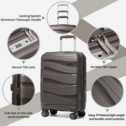 3-Piece Carry-On Luggage Set PP Material Suitcase with Spinner Wheels Hardside TSA Lock(Brown)