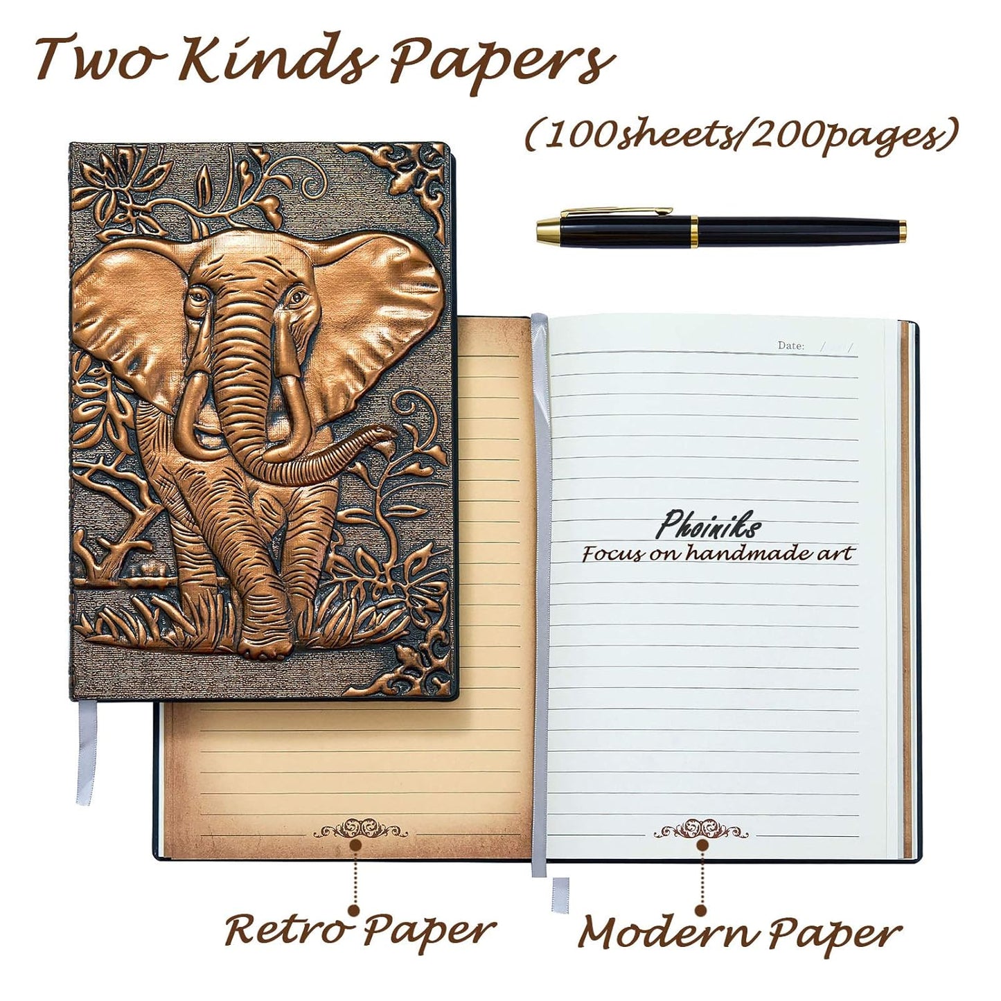 3D Elephant Cover Notebook Writing Journal plus Pen Set,Pen Holder, Elastic Closure Hardcover Personal Journal Diary Planner Thick Lined Paper,Gifts for Women Men (Redbronze, A5(8.3"*5.7")