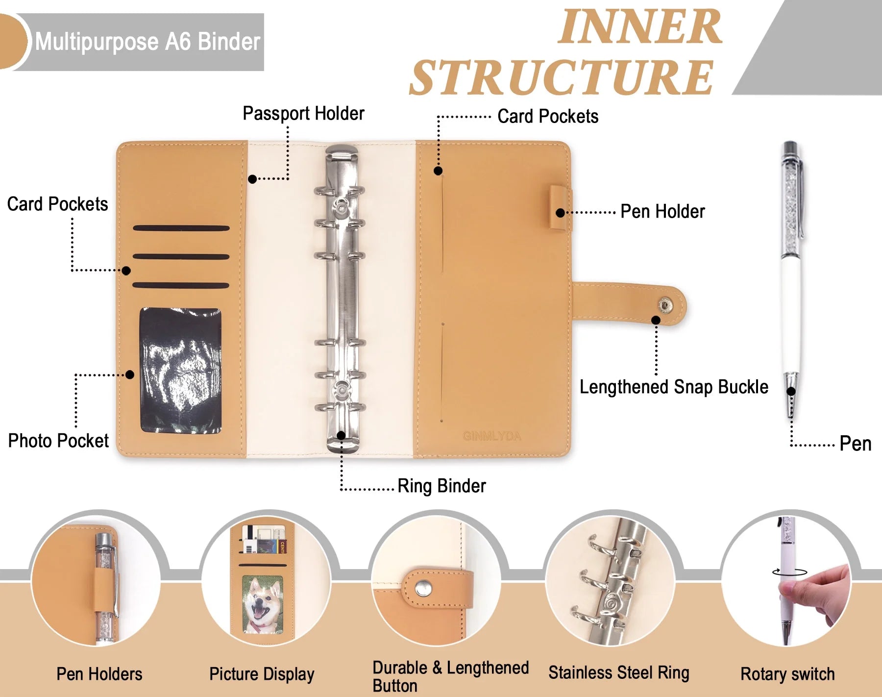 Budget Binder with Cash Envelopes,  Money Saving Binder Notebook Including Zipper PVC Pockets, Cash Envelopes, Stickers and Pen, White and Khaki