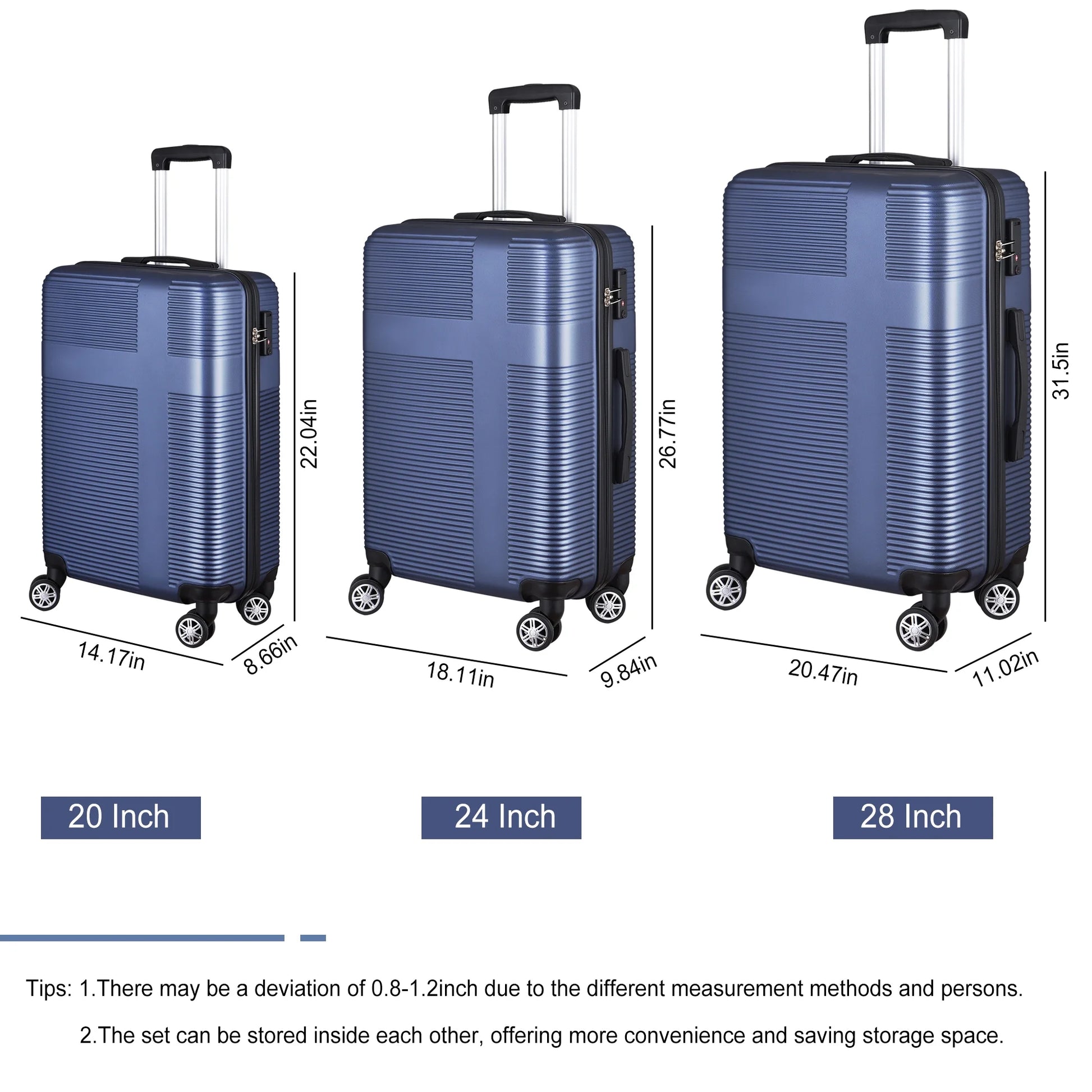 3 Piece Luggage Sets with TSA Lock ABS, Durable Luggage Set, Lightweight Suitcase with Hooks, Spinner Wheels, Cross Stripe Luggage Sets 20In/24In/28In(Dark Blue)