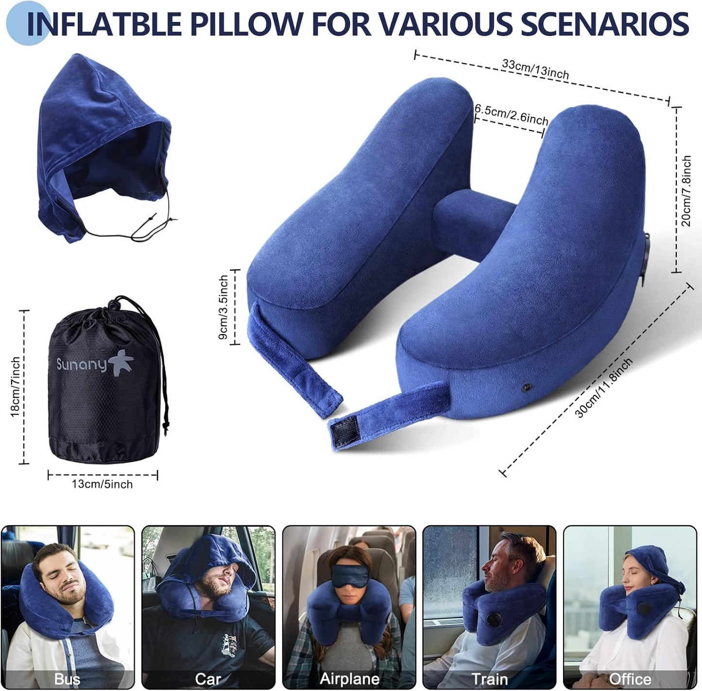 Inflatable Pillow for Airplane Travel, Comfortably Supports Head,Neck and Chin with Soft Velour Cover,Hat,Portable Drawstring Bag (Blue)