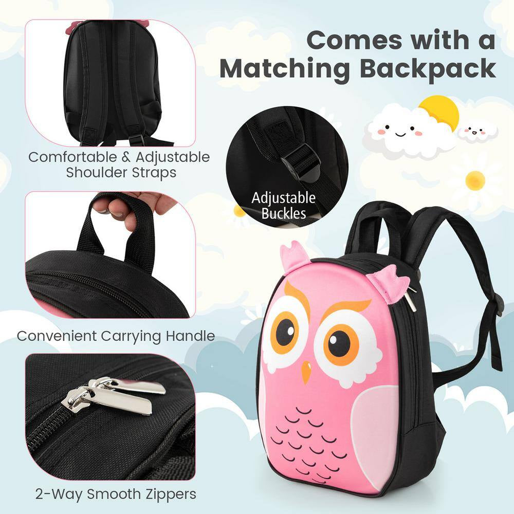 2-PCS Kids Carry on Luggage Set 16 In. Owl Rolling Suitcase with 12 In. Backpack Travel Pink