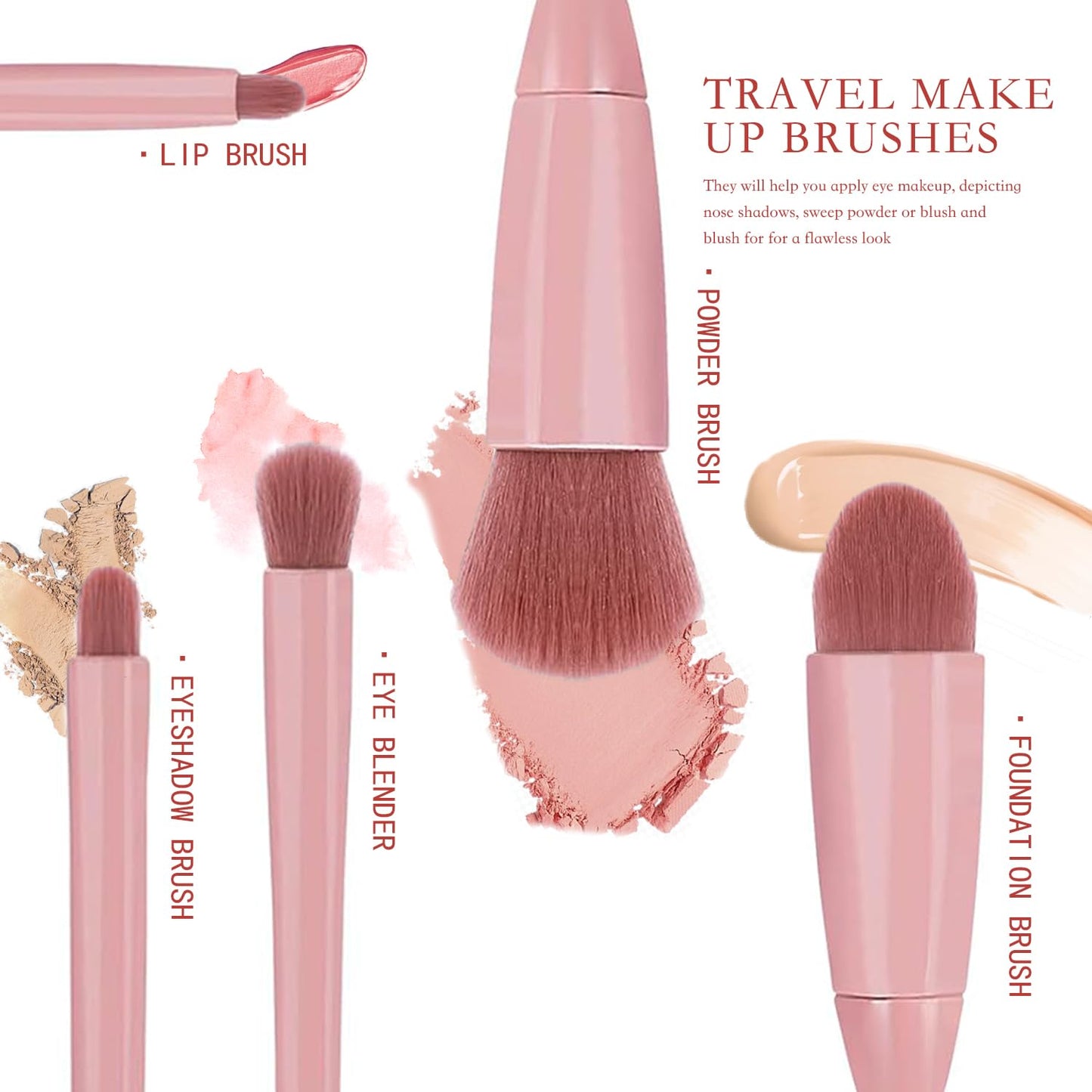 Travel Makeup Brush Set, Easy-Taken 5Pcs Professional Mini Cosmetic Brushes Kit Complete Function Small Size with Case for Women (5Pcs with Mirror，Pink)