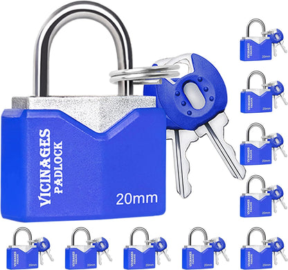 Padlock (10 Pack) Small Padlock with Key for Luggage Lock, Backpack, Gym Locker Lock, Suitcase Lock, Classroom Matching Game and More, 10 × Blue, 20 Mm