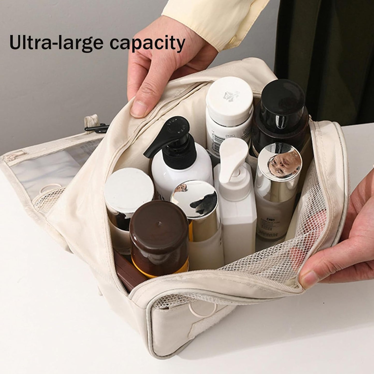 Travel Toiletry Bag Water-Resistant Makeup Cosmetic Bag with Hanging Hook Travel Organizer Travel Accessories Essentials,Beige