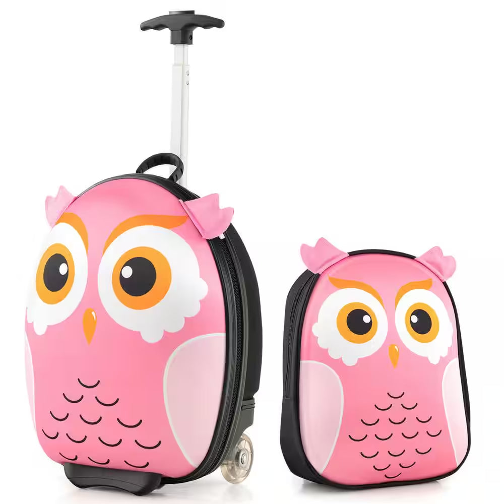 2-PCS Kids Carry on Luggage Set 16 In. Owl Rolling Suitcase with 12 In. Backpack Travel Pink