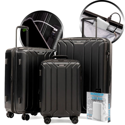 NEW YORK Luggage Expandable Spinner Wheels Hard Side Shell Travel Suitcase Set 3 Piece Lightweight, TSA Lock, Double USB Port + 2 Packing Cubes (Black, 3-Piece Set (20/24/28) W/ Power Bank)