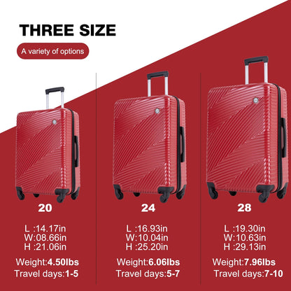 Luggage 3 Piece Set,Suitcase Set with Spinner Wheels Hardside Lightweight Luggage Set 20In24In28In.(Red)