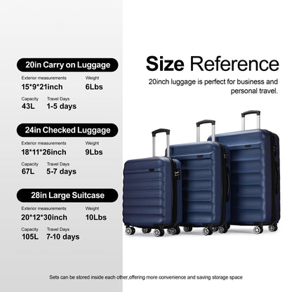 3 Piece Expandable Luggage Sets,Hard Shell Luggage Large Siutcase with Spinner Wheels ,Navy Blue