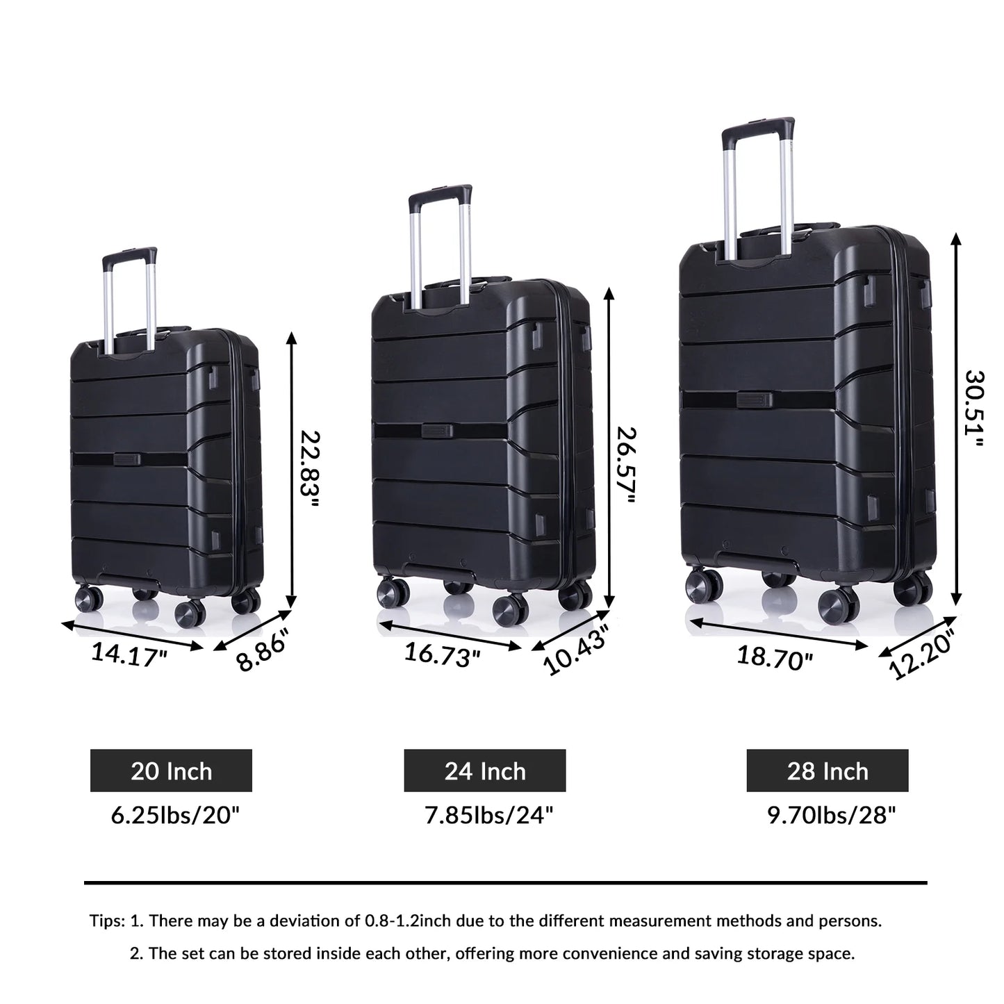 3 Piece Luggage Sets,  Hard Shell Suitcase Set with TSA Lock, Multi-Size Hardside Luggage with Spinner Wheels for Travel Trips Business, Black（20"/24"/28"）