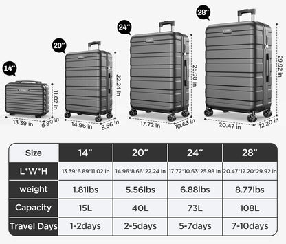 Hardside Luggage Suitcase 4 Piece Set with 360° Double Spinner Wheels Integrated TSA Lock, 14” Travel Case, 20" Carry-On Luggage, 24" Checked Luggage and 28" Checked Luggage, Black