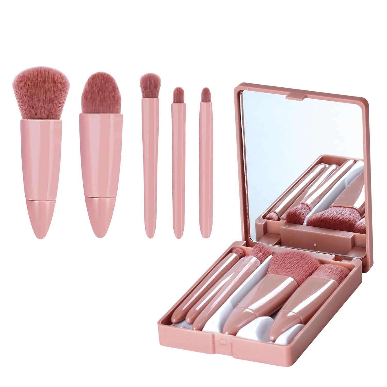 Travel Makeup Brush Set, Easy-Taken 5Pcs Professional Mini Cosmetic Brushes Kit Complete Function Small Size with Case for Women (5Pcs with Mirror，Pink)