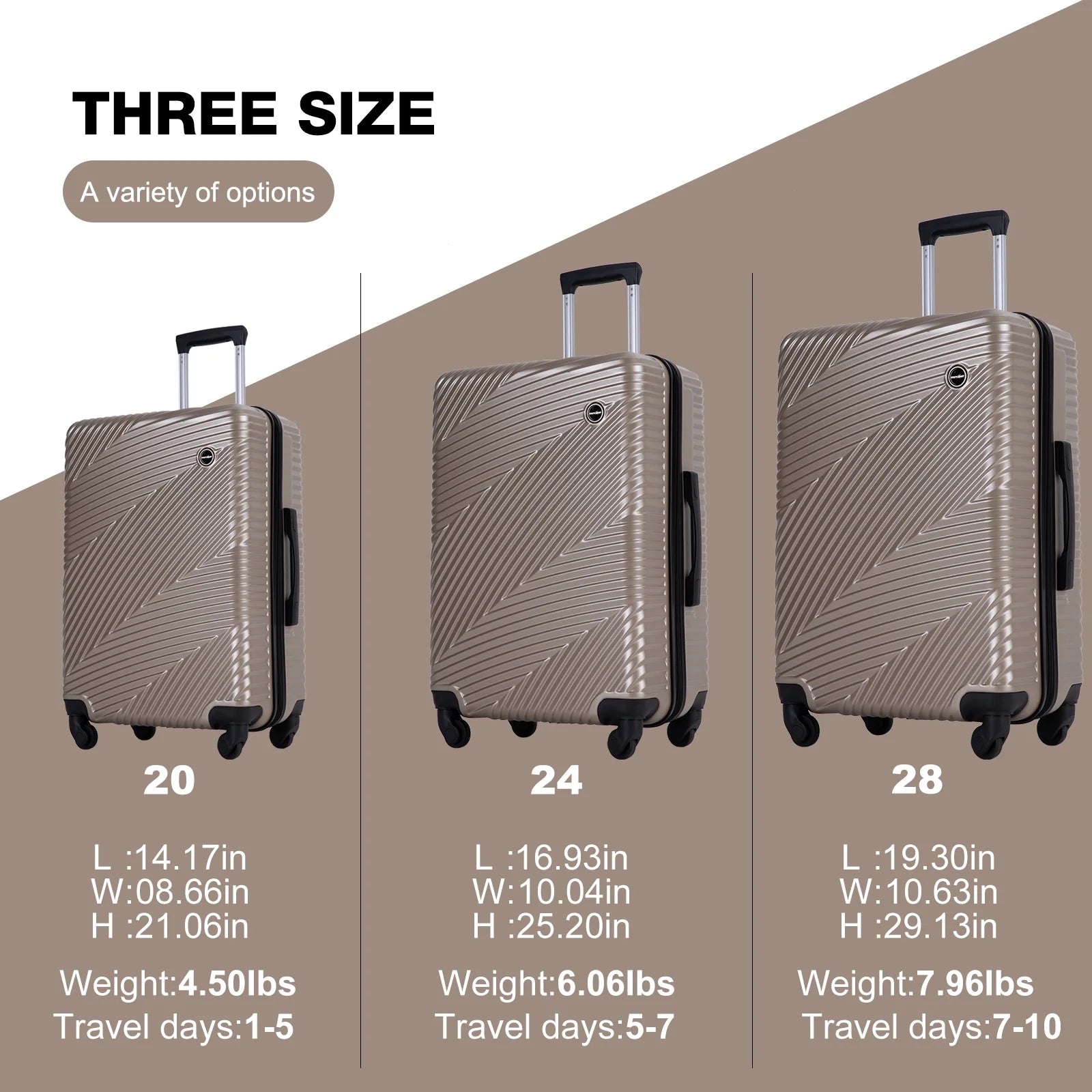 Luggage 3 Piece Set,Suitcase Set with Spinner Wheels Hardside Lightweight Luggage Set 20In24In28In.(Golden)